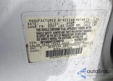 2012 Nissan Sentra 2.0 Sr z USA, uszkodzony, nr VIN 3N1AB6AP7CL665713